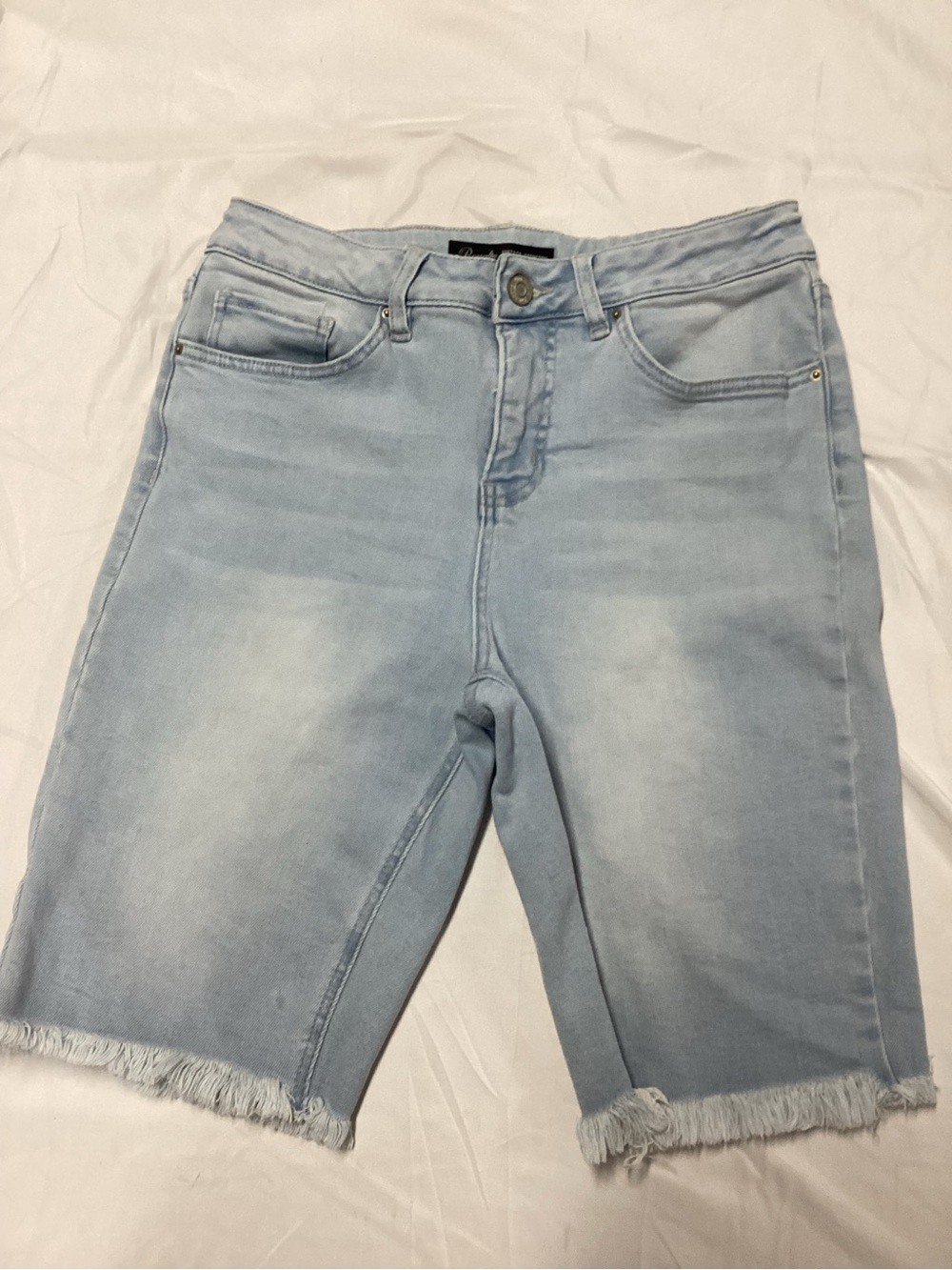 Royalty Vintage Light Blue Denim Bermuda Jean Shorts. Raw hem. Stretch